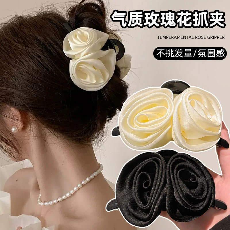 2025新款法式复古玫瑰花抓夹优雅气质后脑勺大号鲨鱼夹发夹头饰女