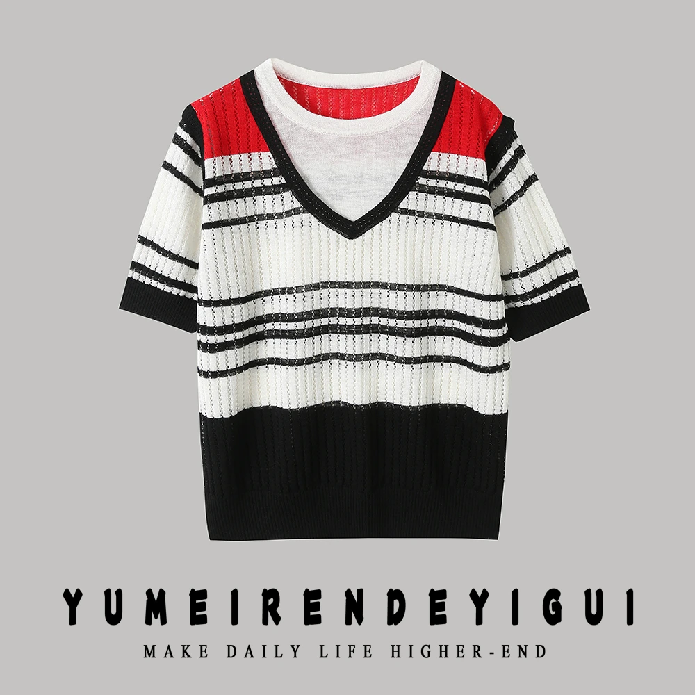 漏空假两件透气小衫撞色设计感女士短袖上衣百搭薄款 M34 J03200