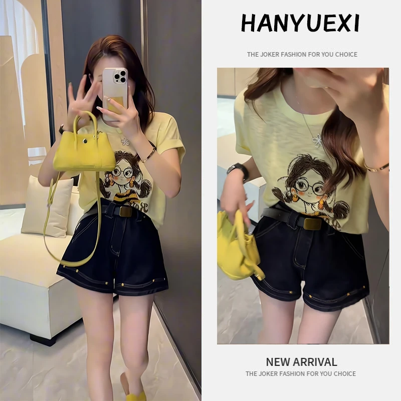 【现货】夏季一整套女装2025新款韩版宽松时尚短袖牛仔短裤两件套