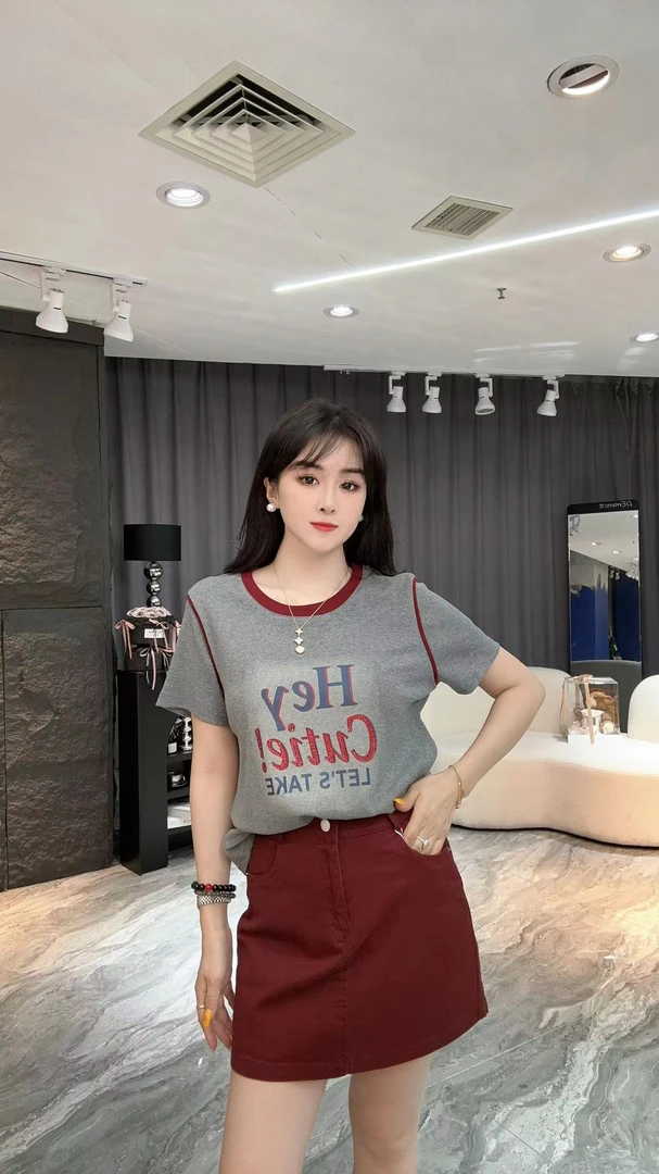 2861夏季新款潮流撞色百搭圆领宽松字母短袖T恤女上衣