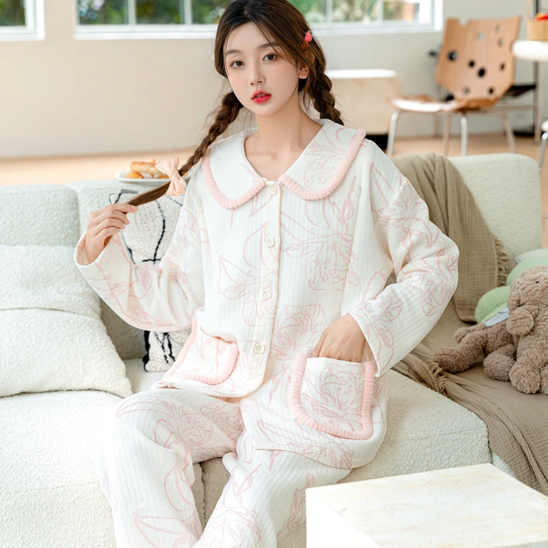月子服冬季产后空气棉夹层哺乳春秋款精细家居服孕妇睡衣秋冬款女