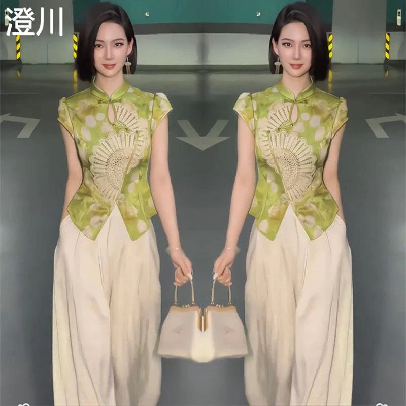2025夏季网红新款新中式两件套女国风缎面印花盘扣上衣高腰阔腿裤