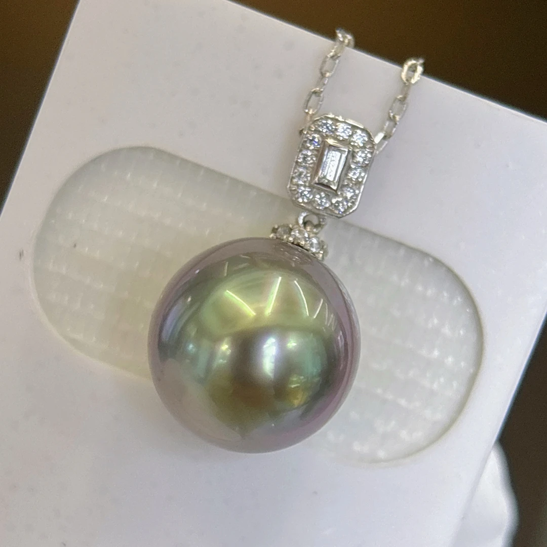 炫彩 无暇18K金11.2mm大溪地黑珍珠吊坠#送银链 铂金灰 冰糖