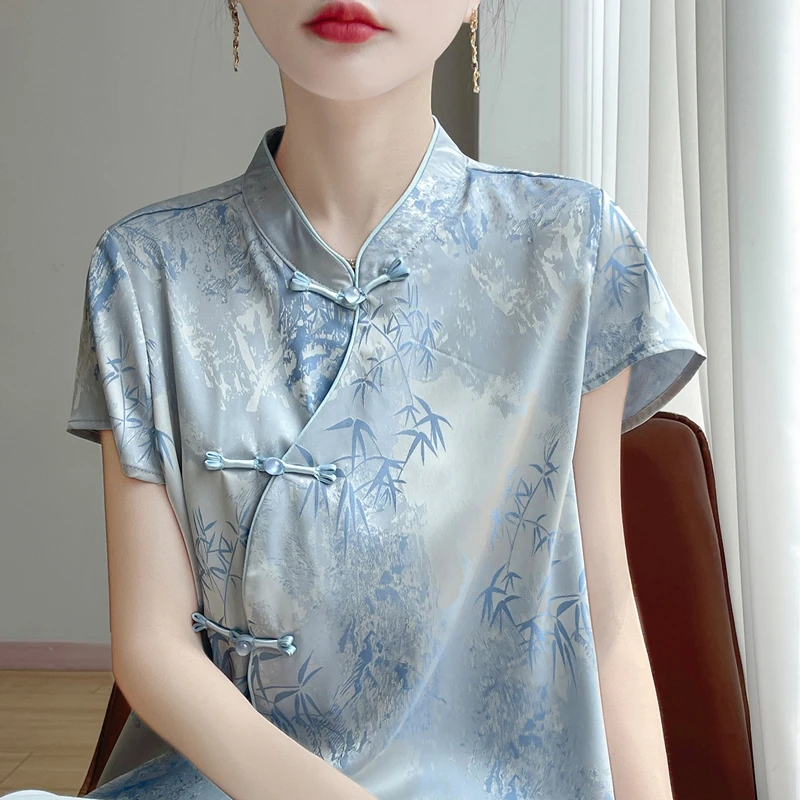 洋气衣服女新中式短袖薄款轻奢气质系扣上衣显瘦服装国风清新减龄