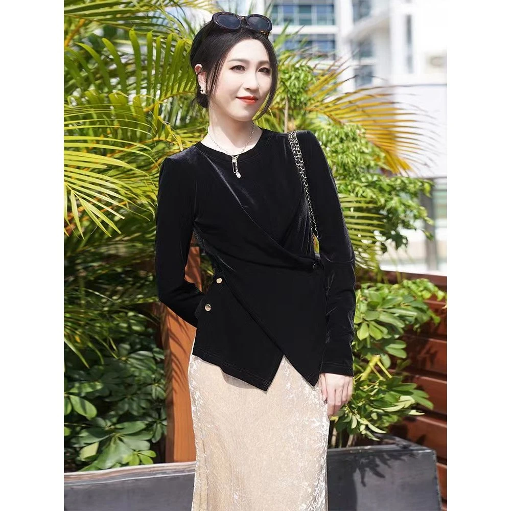 法式外穿修身交叉收腰金丝绒上衣超洋气不倒绒2025春秋款新款长袖