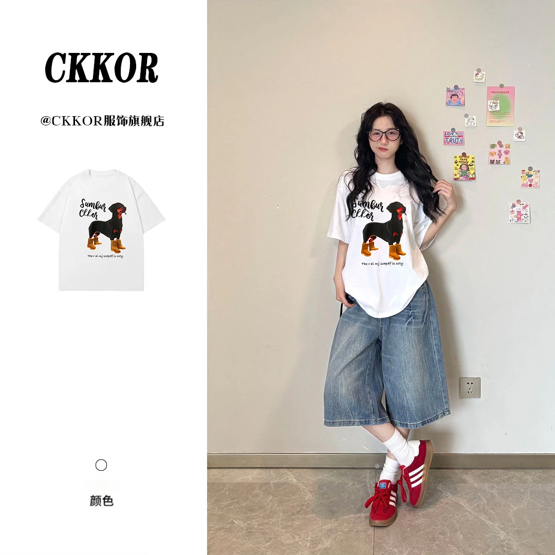 CKKOR夏季新款简约卡通t恤女纯棉休闲圆领别致穿搭小众高级感上衣