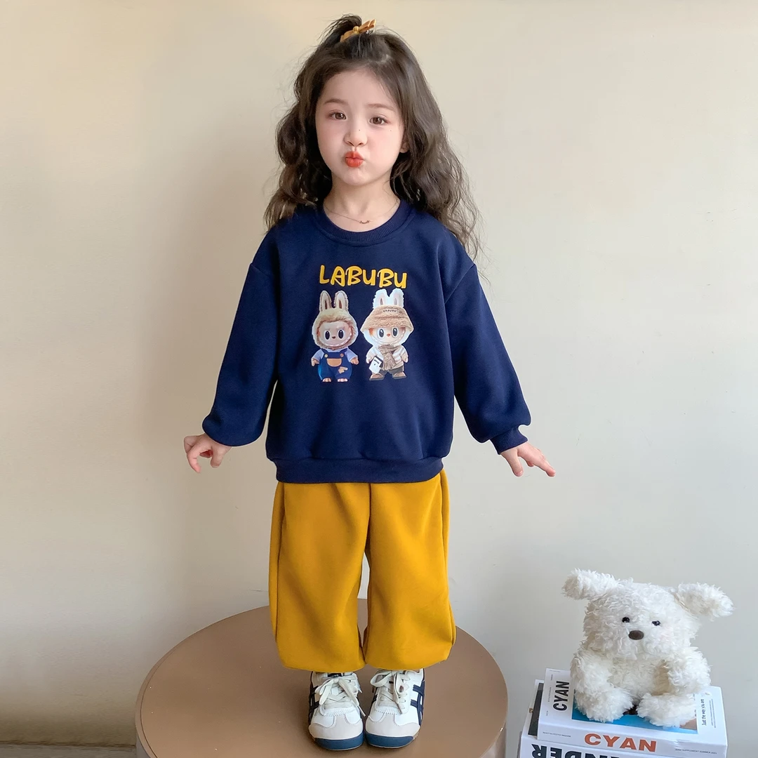 女孩labubu秋装2025秋季新款女童拉布布卫衣两件套儿童春秋套装潮