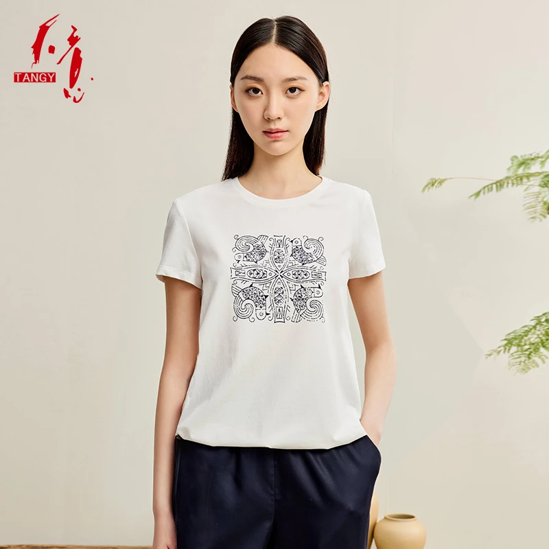 TANGY/天意2025夏季简约透气欧若新中式印花女士T恤W251016