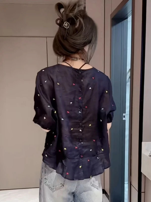 时髦设计感藏蓝色印花宽松显瘦上衣欧货轻奢百搭短袖T恤2025年夏