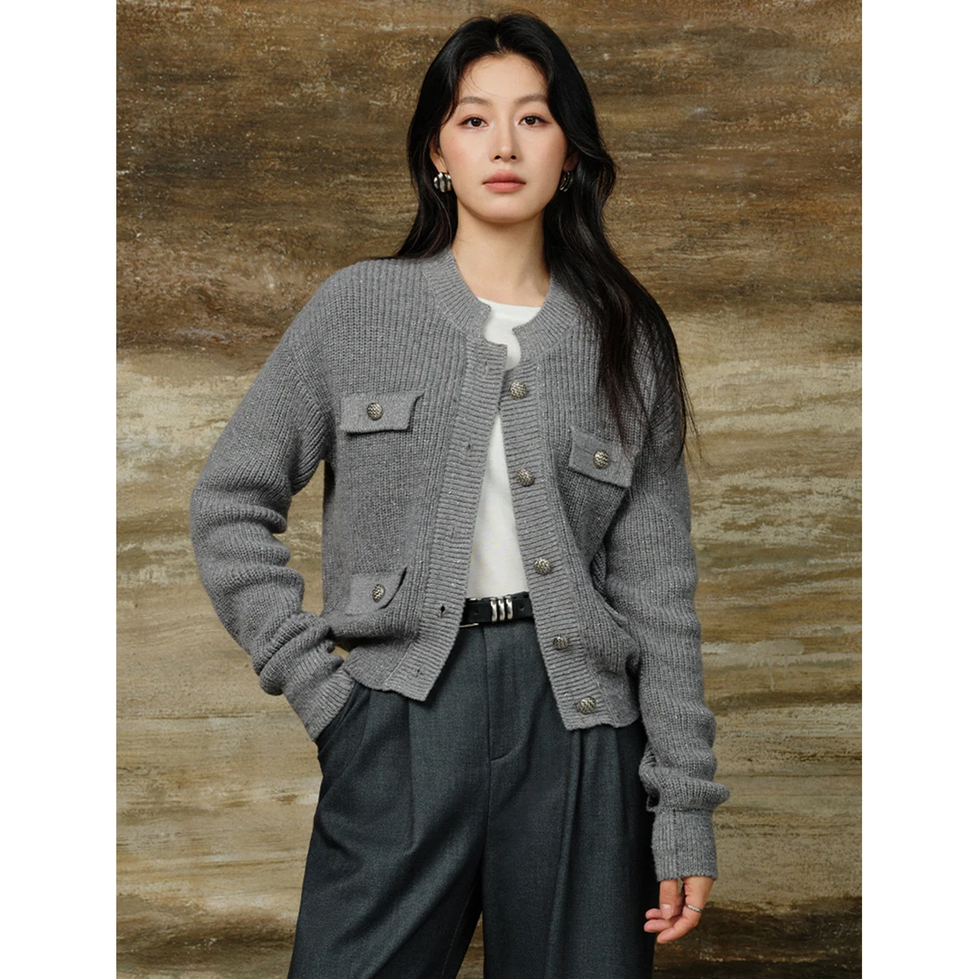 2025秋冬新款气质小香风羊毛开衫百搭灰色休闲毛衣短款小外套女