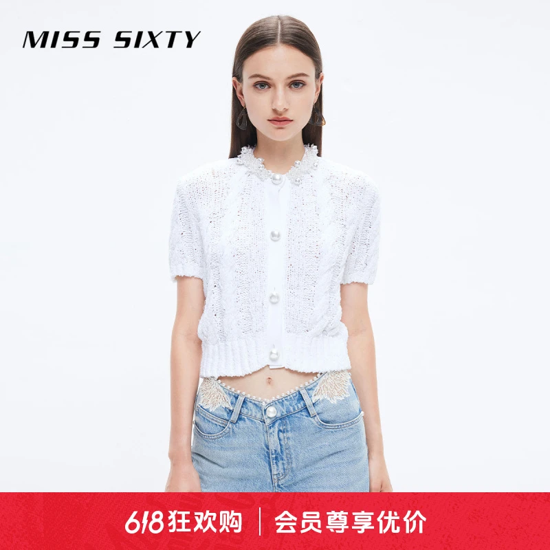 Miss Sixty2023秋季天使系列毛织外套女短袖轻奢气质珍珠圆领气质