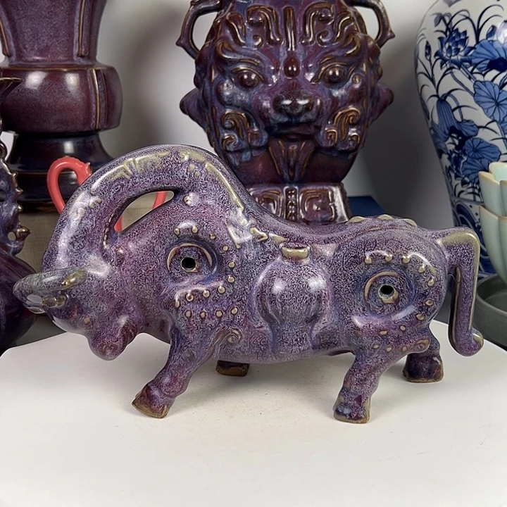 天***乙摆件均瓷玫瑰紫釉牛尊！