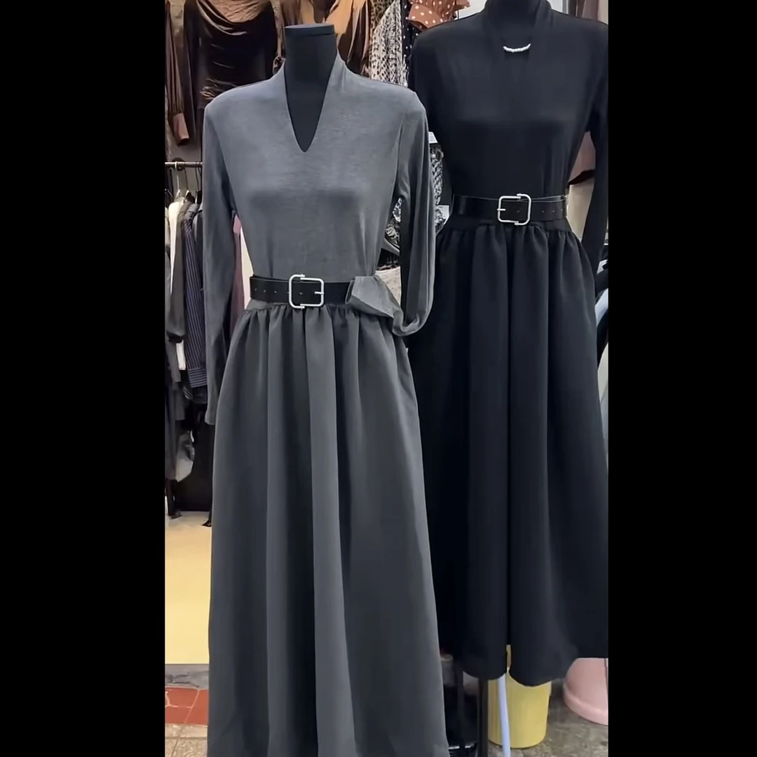 Rayhon新款简约V领拼接松紧腰配腰带时尚气质百搭长款连衣裙