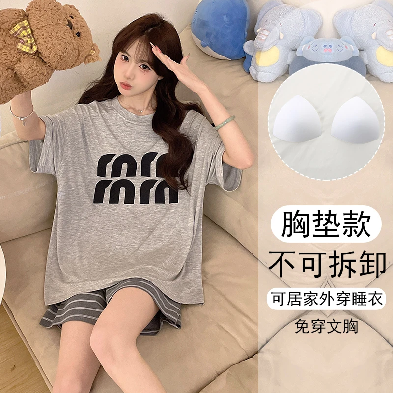 带胸垫大码睡衣女款爆款2025新款夏可外穿短袖套装宽松甜美家居服