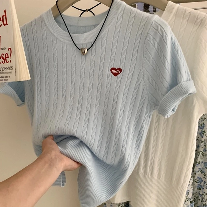 2025夏季简约针织短袖圆领麻花爱心刺绣正肩纯色薄款针织衫