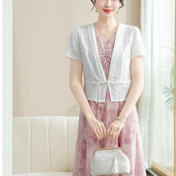 新中式中老年夏季短袖开衫搭配连衣裙洋气雪纺夏装
