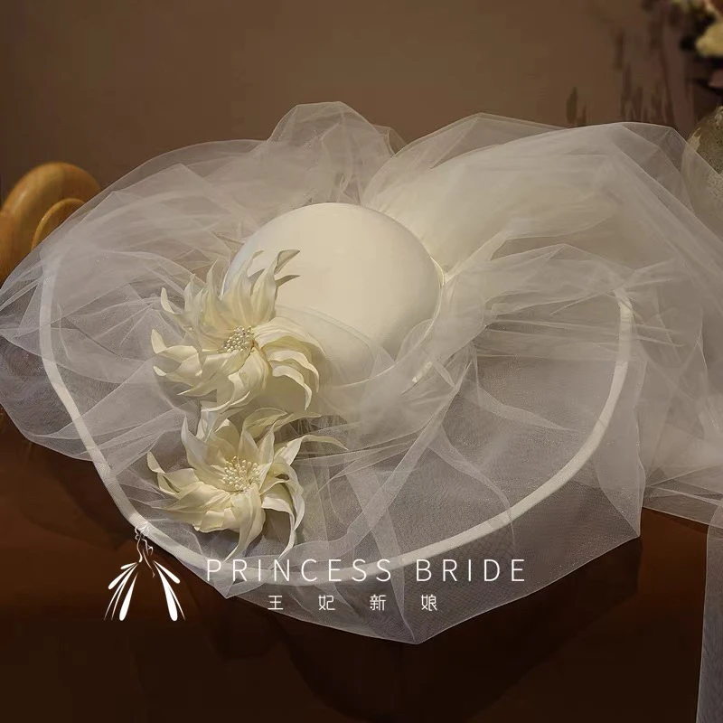 新娘结婚旅拍照帽子头纱赫本风影楼化妆师跟妆造型纱连长纱礼帽子