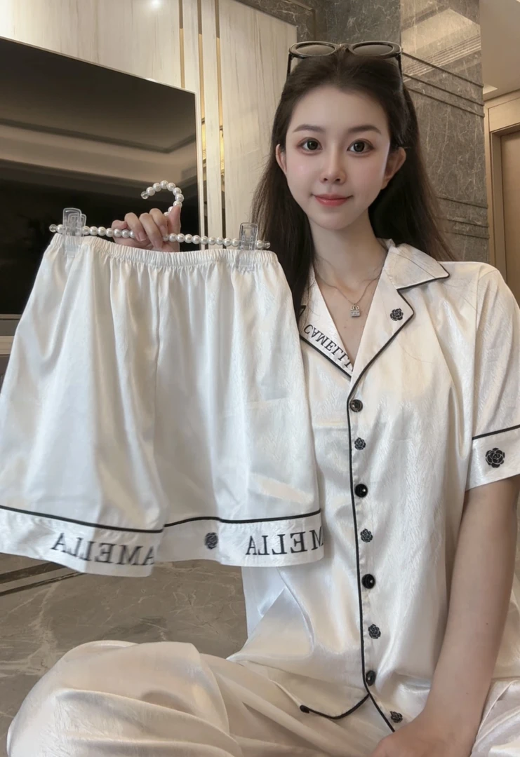 新款短袖睡衣女夏季薄款冰丝三件套简约时尚高级感夏季冰丝睡衣