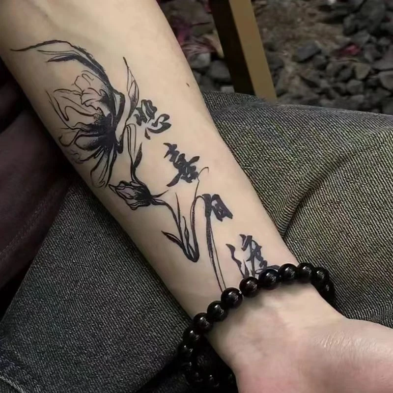 国风爆款文字 悲喜自渡手臂草本果汁纹身贴纸防水防搓不反光持久