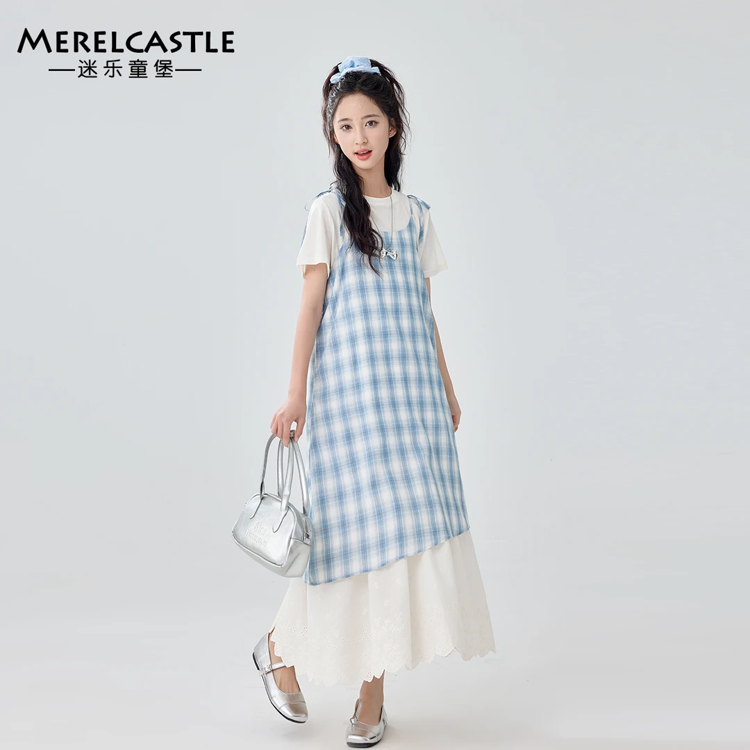 C5204女童夏季时髦格子两件套装大童洋气拼接吊带裙青少年连衣裙
