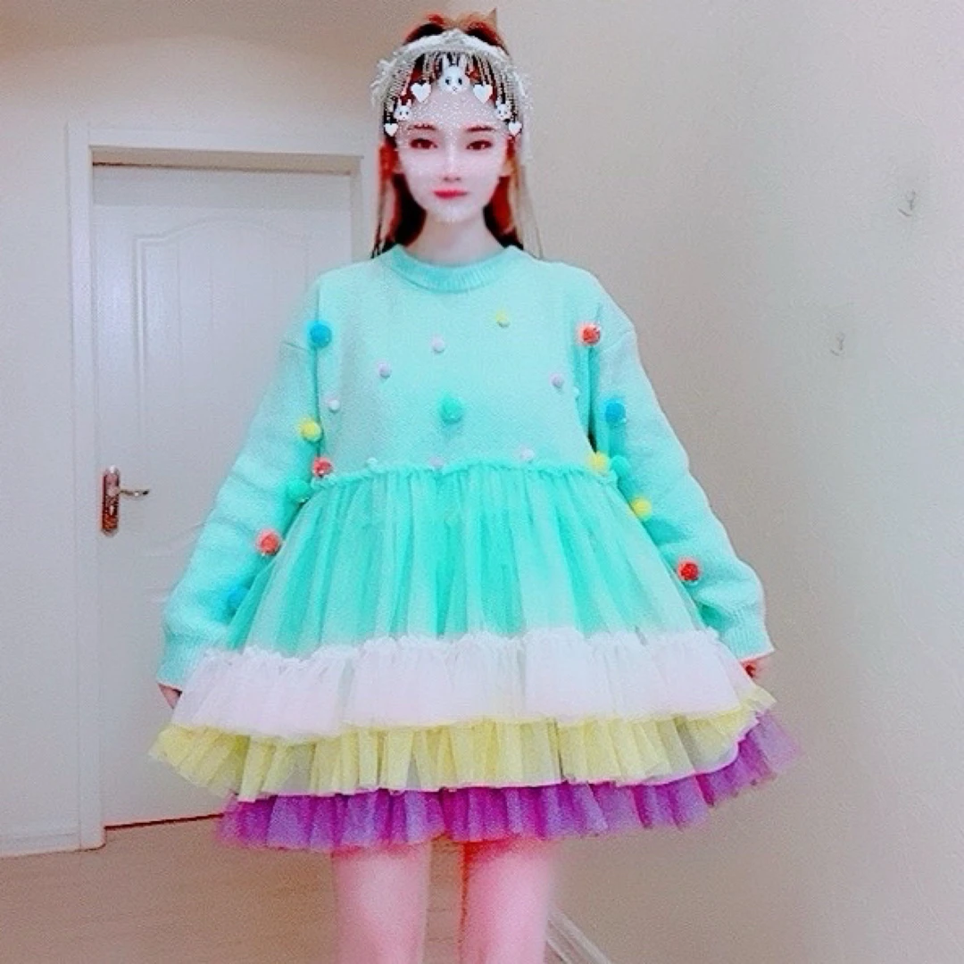 【面条家】5358#高品质秋冬彩色毛球针织蓬蓬连衣裙