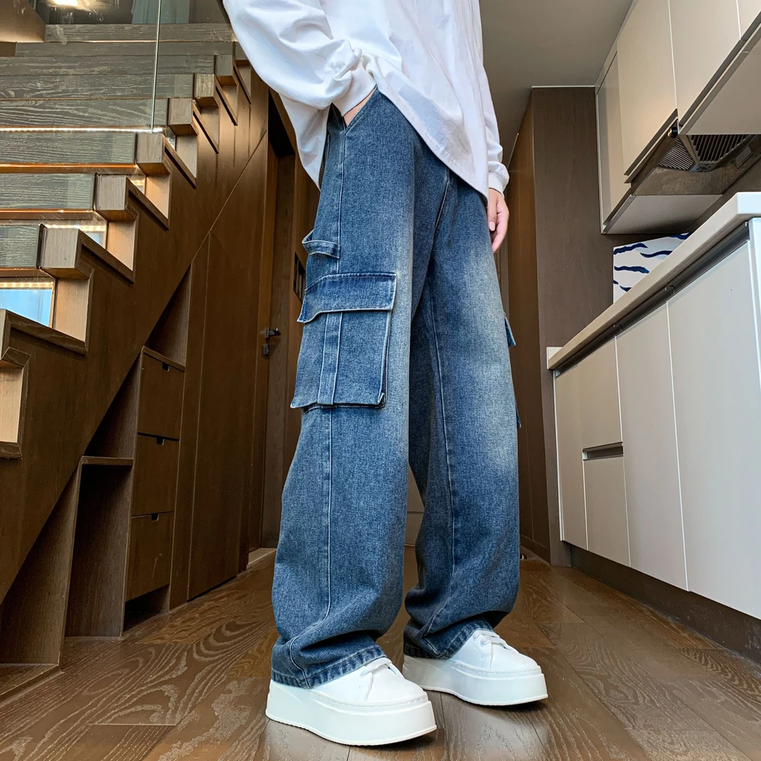 XONBOX复古新款阔腿大口袋设计款宽松牛仔裤HN2988553