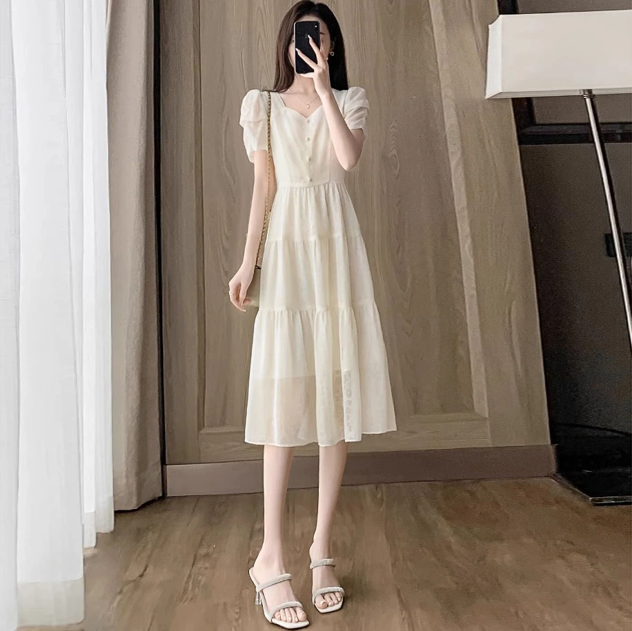 夏季法式白色雪纺连衣裙女2025新款气质收腰显瘦中长款裙子女款