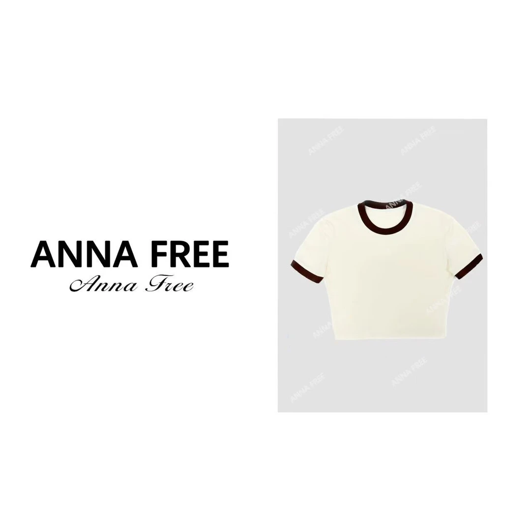 ANNA FREE 缪+撞色字母印花短袖T恤女24夏季新款短款上衣24057