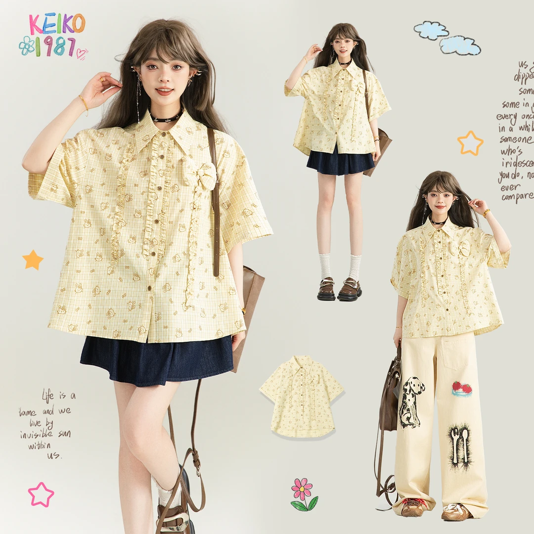 KEIKO 日系洋气木耳花边格子衬衫女25夏季新款茶里茶气别致上衣