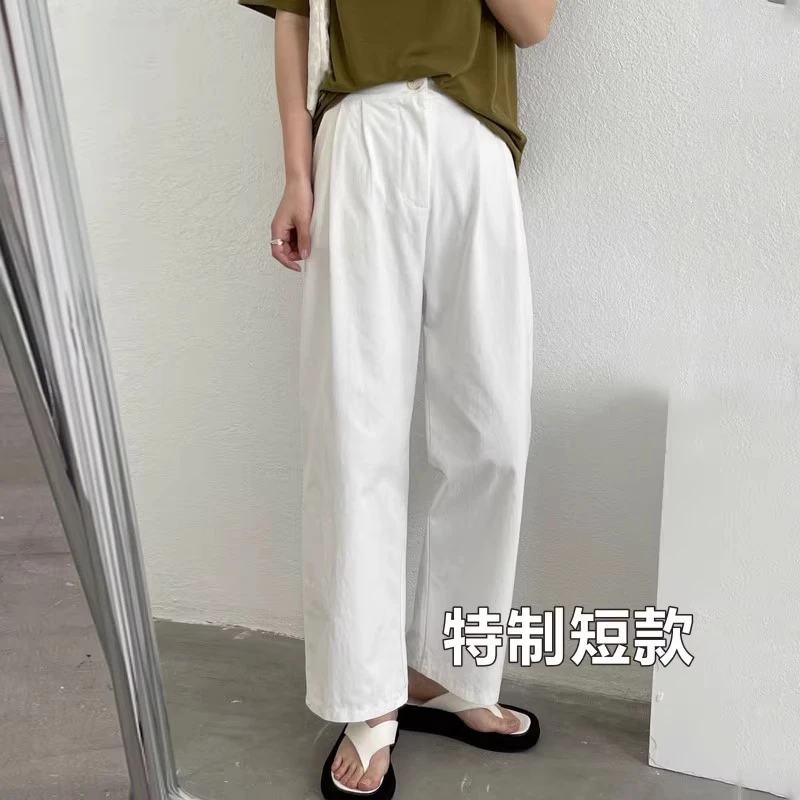 纯棉重酵水洗加柔小个子秋装九分白色直筒新款高腰休闲阔腿裤