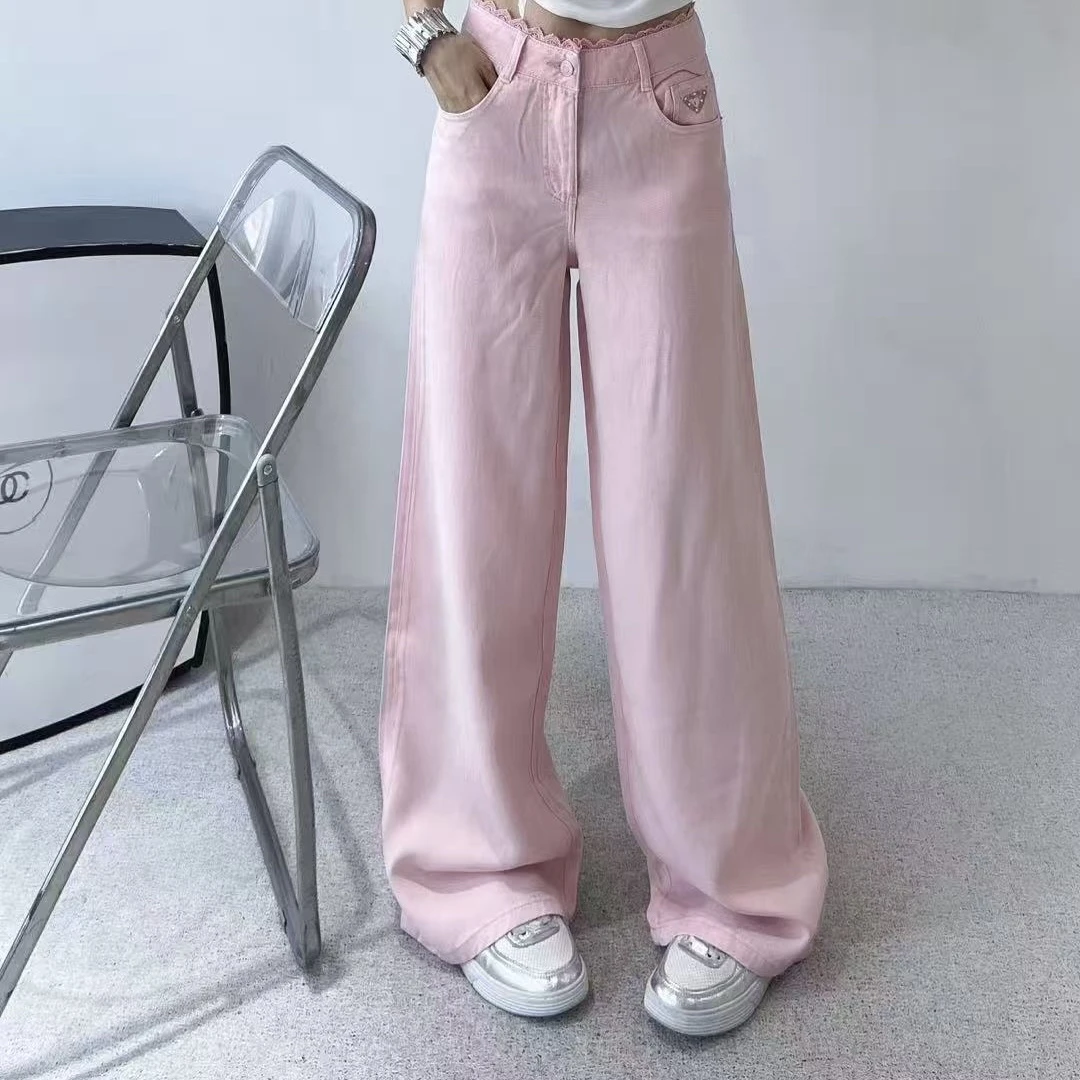 CW.MM 高腰蕾丝腰头拼接直筒显瘦牛仔裤