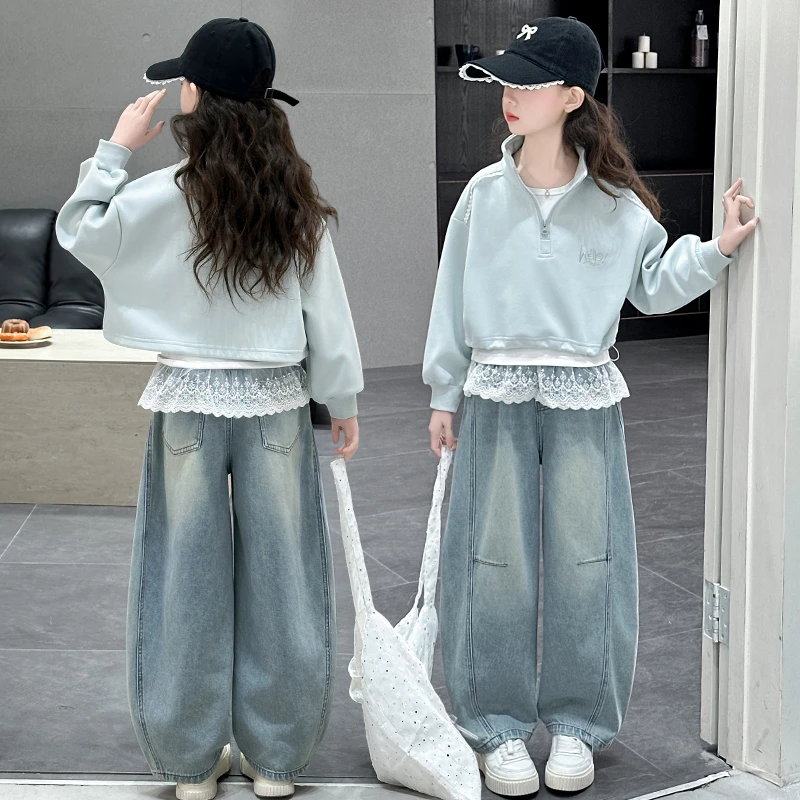 女童春装套装2025新款洋气女大童卫衣外套牛仔弯刀裤休闲三件套