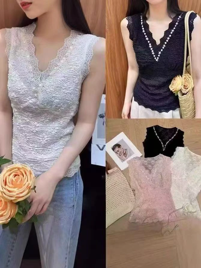 No退Mo换 轻奢手工贝壳V领蕾丝背心2025春夏新款高弹力W59250
