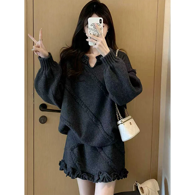 2025年慵懒风毛衣套装女深冬穿搭针织上衣半身裙两件套大码套装