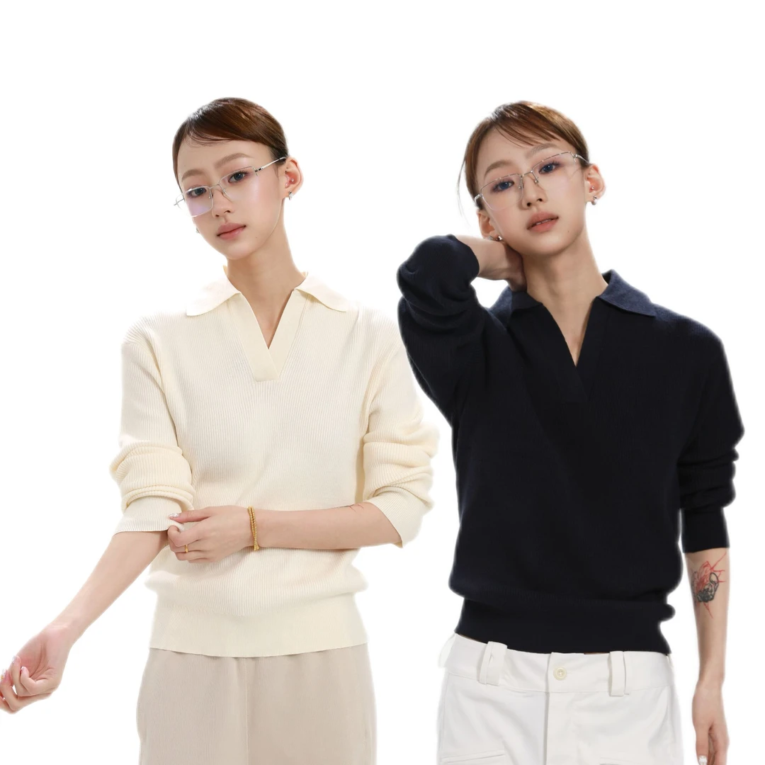 AFFLATUS BUG灵感漏洞 双色polo领毛衣！早秋v领奶白藏青色针织衫