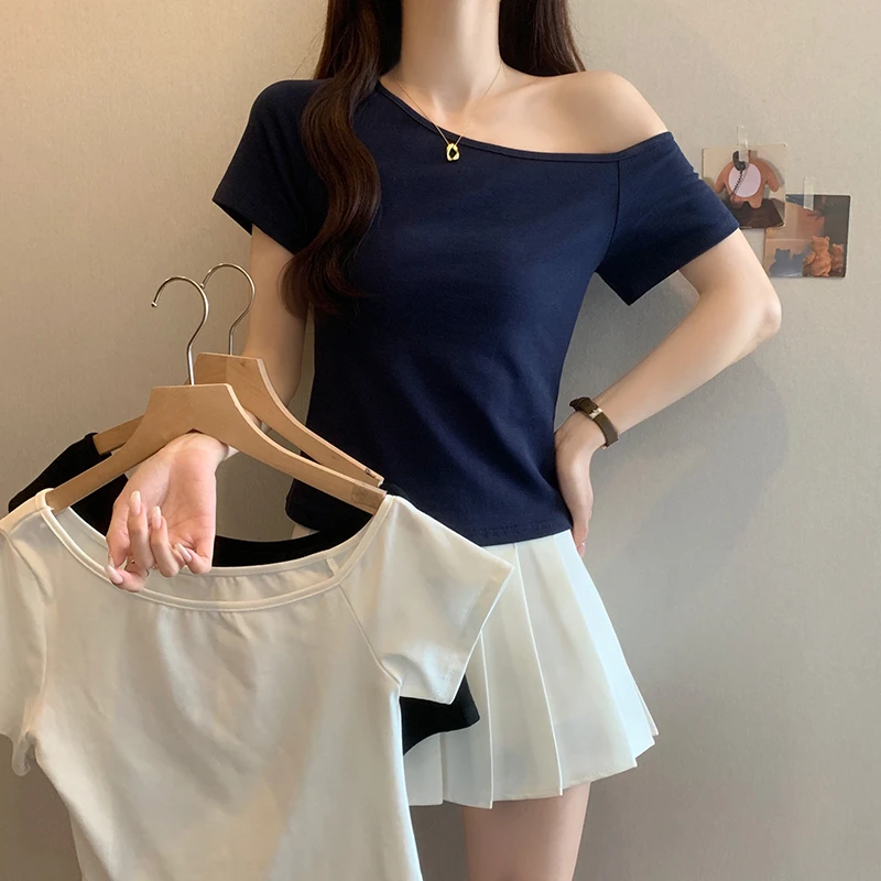 J大码纯欲斜露肩短袖t恤女夏季新款设计感小众别致修身正肩小上衣