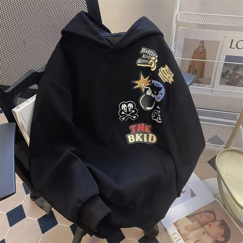 新款潮牌徽章植绒刺绣美式卫衣男连帽秋冬设计感小众宽松情侣外套