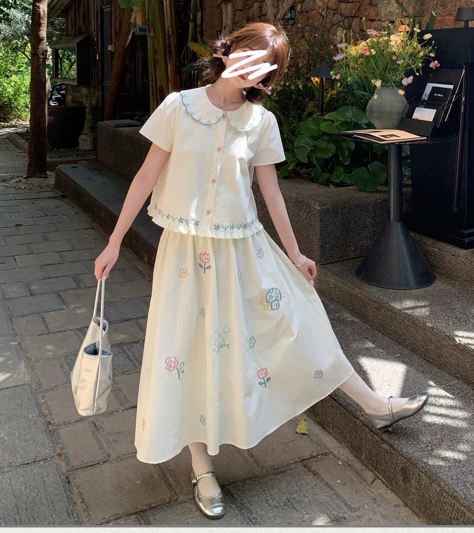 童趣绣花半身裙两件套女夏季娃娃领短袖衬衫A字裙