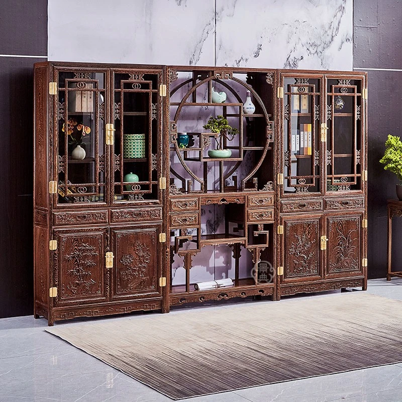 明式书柜鸡翅木仿古储物柜展示书橱带门展示置物柜红木家具