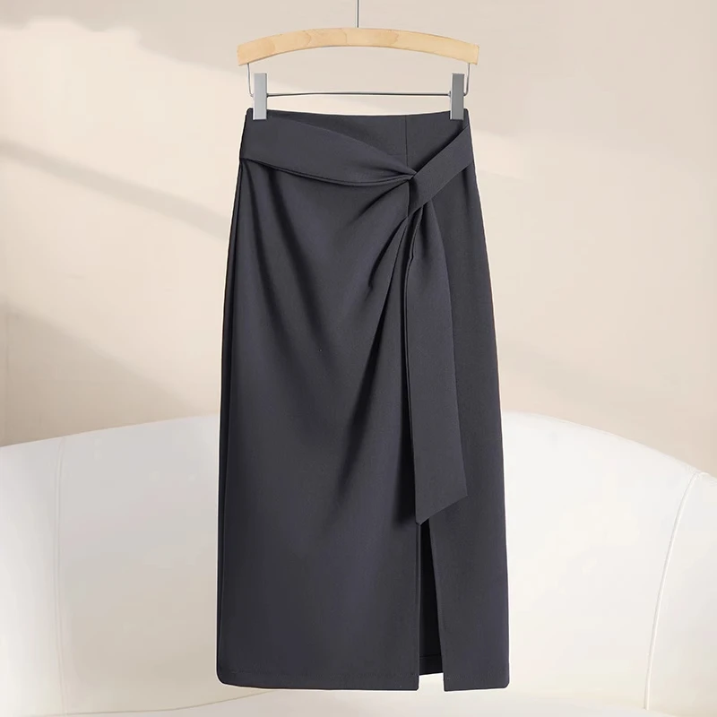 拉夏贝尔灰色西装半身裙女夏2025新款设计感a字时尚开叉包臀裙子