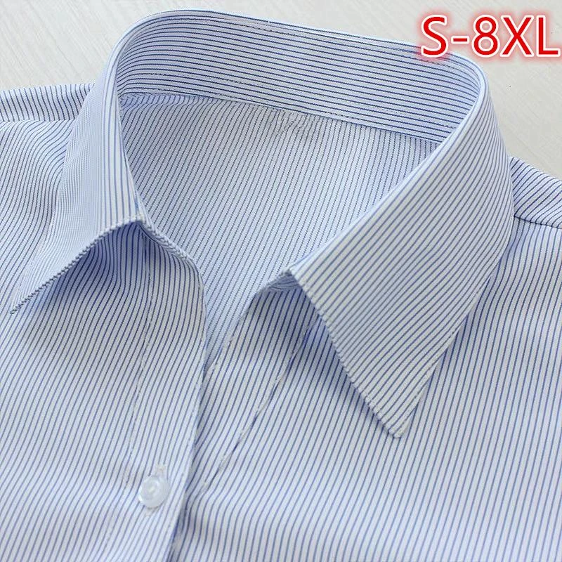 范哲萨女士白底蓝色条纹职业衬衫V领酒店银行工装修身正装大码