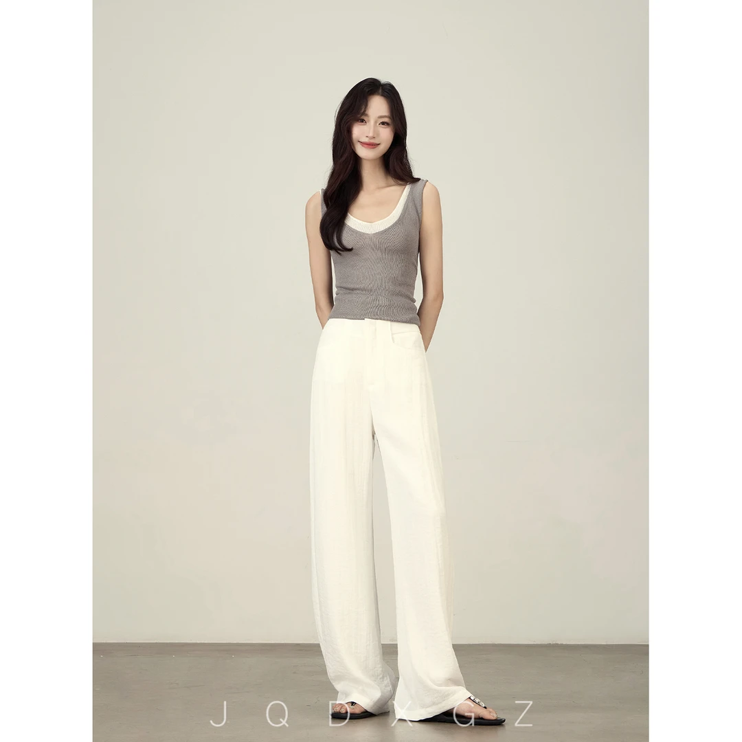 白色亚麻裤女夏薄款慵懒风显瘦休闲裤高腰直筒阔腿裤25XK6116