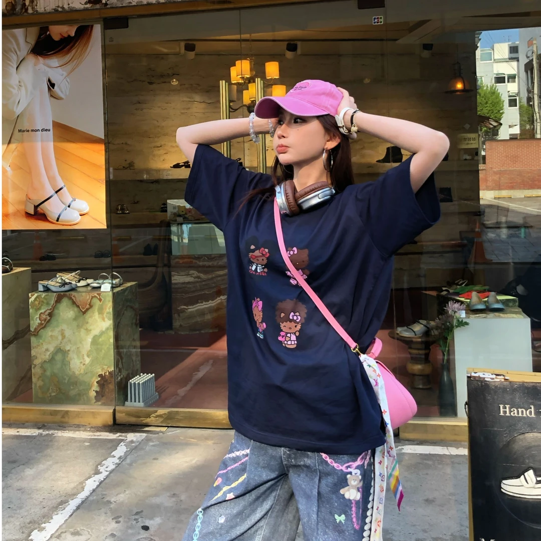 LI婉君 夏季韩系卡通印花休闲宽松百搭insT恤上衣LWJ25B2T1187