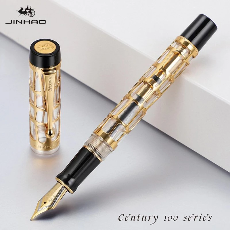 新品金豪世纪100钢笔小网格镂空示范铱金笔练字成人书法墨囊可换