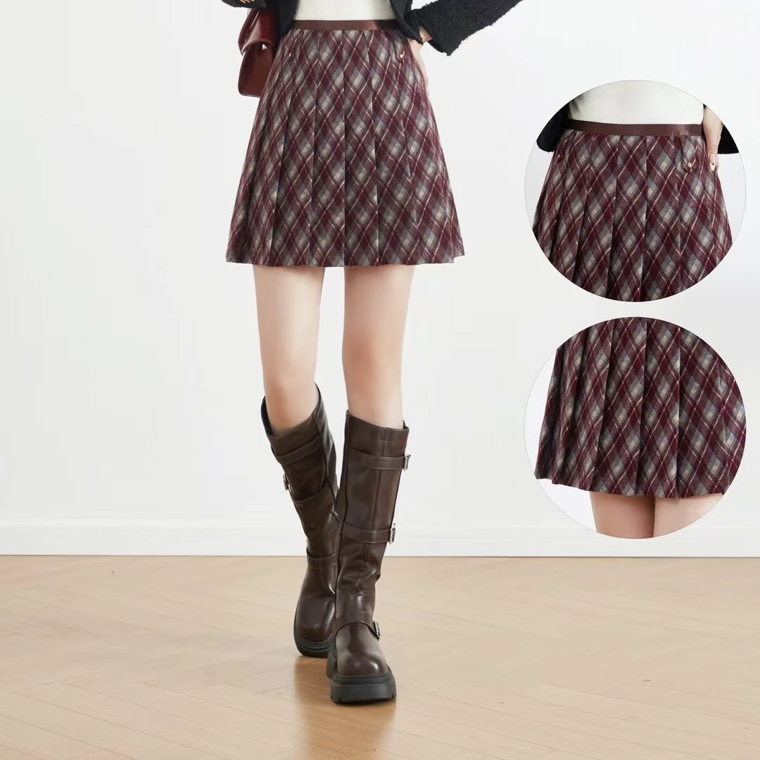 百褶格子短裙秋冬季新款高腰百搭加厚半身裙隐松紧腰