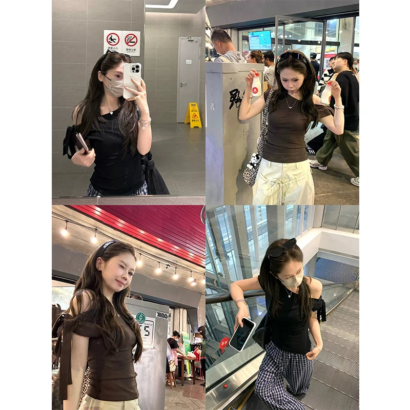 【mimius】喵喵 通勤百搭蝴蝶结绑带斜肩上衣（蝴蝶结可拆） G05286