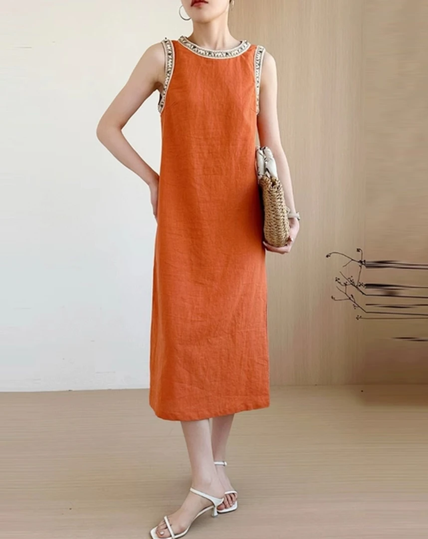 《爱马橙》手工编织亚麻宽松连衣裙