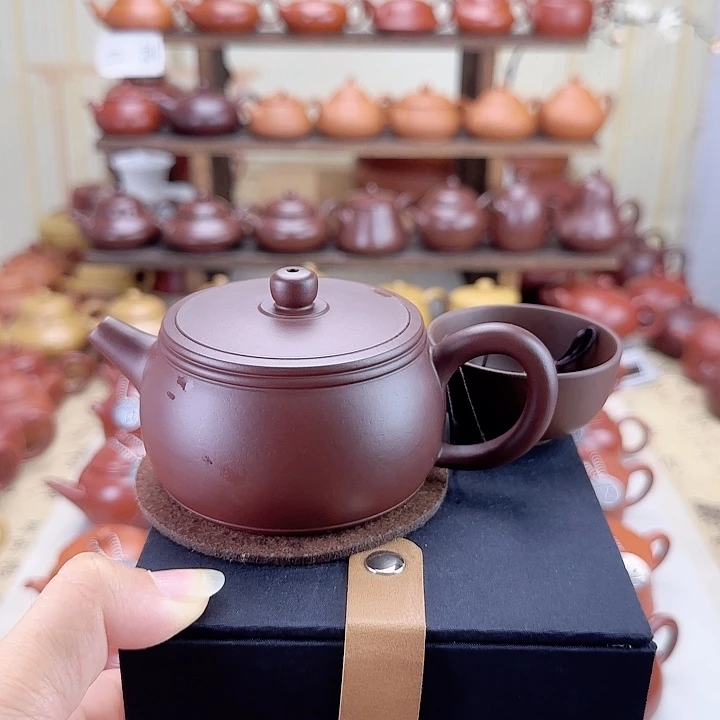 曹***落茶壶紫砂紫色大口鼓壶