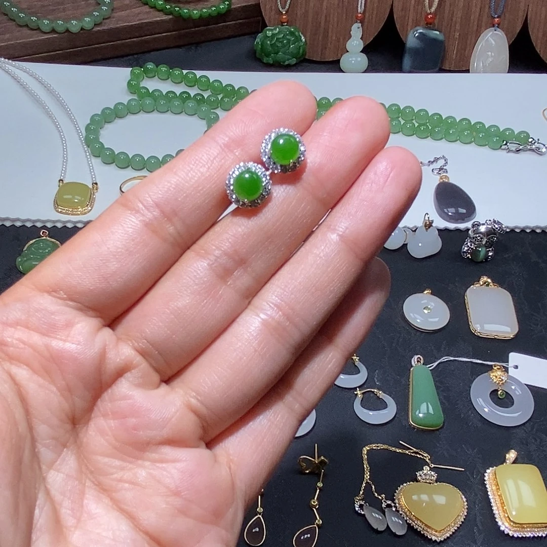 和田玉银S925镀金镶嵌耳饰