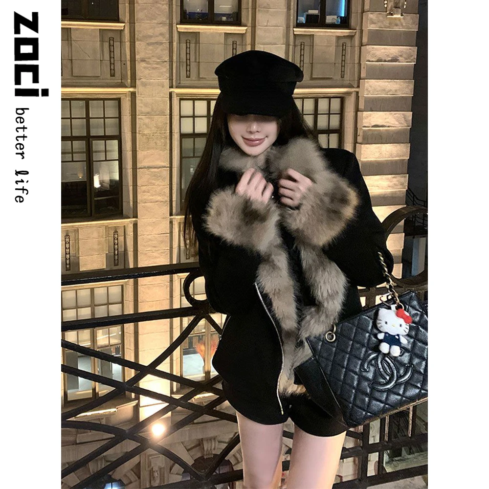 美式复古黑色皮毛一体外套女秋冬季高级感宽松显瘦长袖座山雕外套